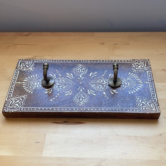 Urban Outfitters dark wood hand painted boho wall shelf w/ 2 hooks made in India - Picture 3 of 9